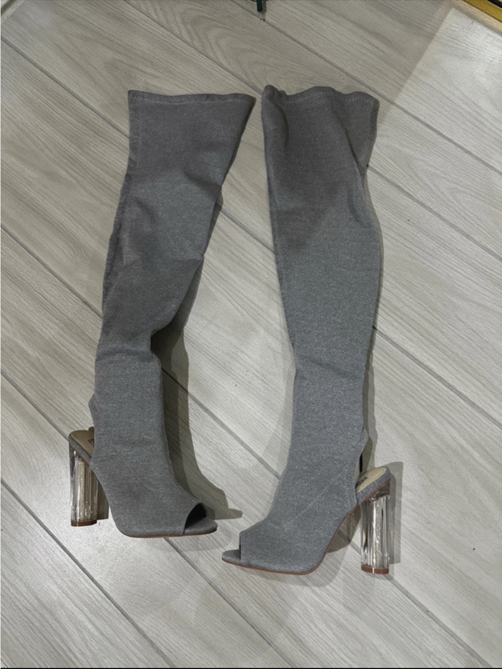Cape Robbin Gray Over-the-Knee Peep-Toe Boots with Clear Block Heel